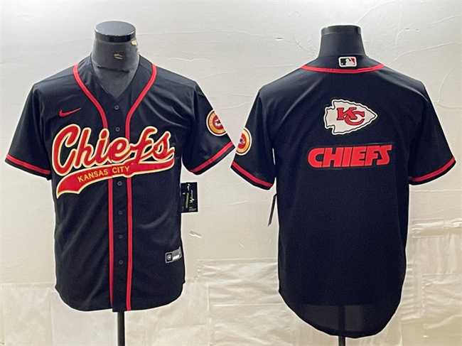 Men%27s Kansas City Chiefs Black Team Big Logo With Patch Cool Base Stitched Baseball Jersey